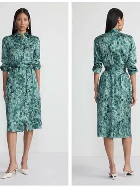 Lafayette 148 New York Teal Marble-Print Midi Shirt Dress